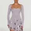 Lumiki Embellished Appliqué Asymmetric Mini Dress in Lilac