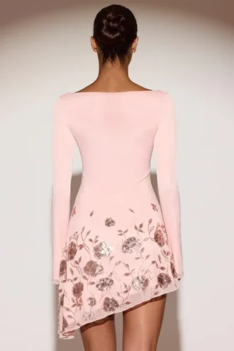 Lumiki Embellished Appliqué Asymmetric Mini Dress in Pink