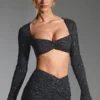 Lumina Embellished Long-Sleeve Crop Top in Black
