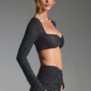Lumina Embellished Long-Sleeve Crop Top in Black