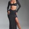 Lumina Embellished Long-Sleeve Crop Top in Black