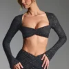 Lumina Embellished Long-Sleeve Crop Top in Black