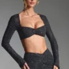 Lumina Embellished Long-Sleeve Crop Top in Black