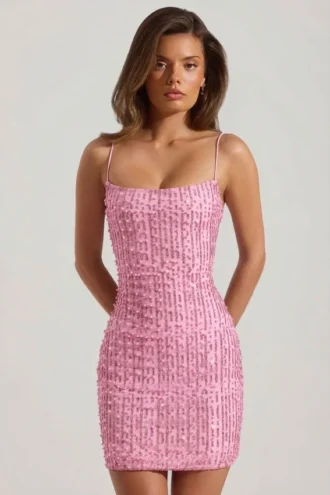Lunetta Embellished Scoop-Neck Bodycon Mini Dress in Pink