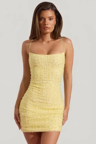Lunetta Embellished Scoop-Neck Bodycon Mini Dress in Yellow