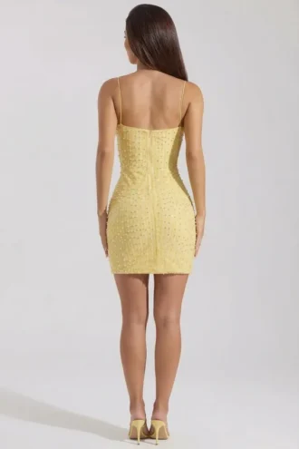 Lunetta Embellished Scoop-Neck Bodycon Mini Dress in Yellow