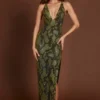 Luserna Embellished Halterneck Maxi Dress in Green Snake