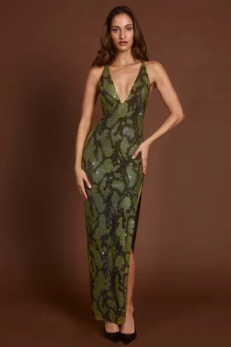 Luserna Embellished Halterneck Maxi Dress in Green Snake