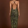 Luserna Embellished Halterneck Maxi Dress in Green Snake