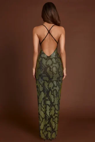 Luserna Embellished Halterneck Maxi Dress in Green Snake