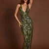 Luserna Embellished Halterneck Maxi Dress in Green Snake