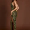 Luserna Embellished Halterneck Maxi Dress in Green Snake