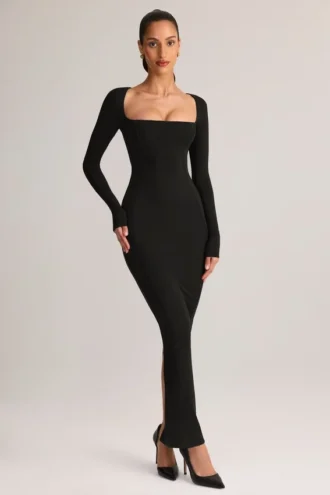 Lux Modal Square-Neck Bodycon Maxi Dress in Black