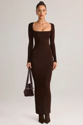Lux Modal Square-Neck Bodycon Maxi Dress in Chocolate Brown