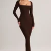 Lux Modal Square-Neck Bodycon Maxi Dress in Chocolate Brown