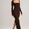Lux Modal Square-Neck Bodycon Maxi Dress in Chocolate Brown