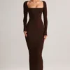 Lux Modal Square-Neck Bodycon Maxi Dress in Chocolate Brown