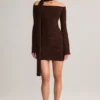 Luzia Knit Scarf-Detail Off-Shoulder Mini Dress in Chocolate Brown