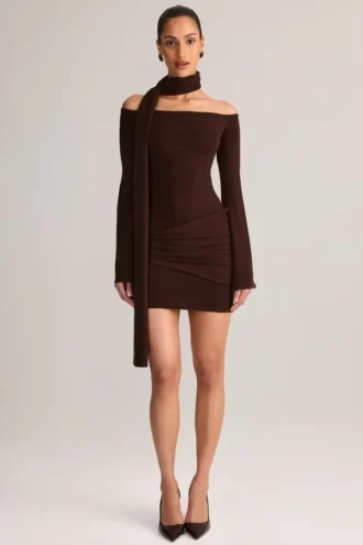 Luzia Knit Scarf-Detail Off-Shoulder Mini Dress in Chocolate Brown
