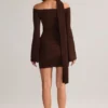 Luzia Knit Scarf-Detail Off-Shoulder Mini Dress in Chocolate Brown