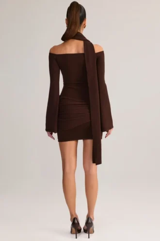 Luzia Knit Scarf-Detail Off-Shoulder Mini Dress in Chocolate Brown