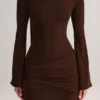 Luzia Knit Scarf-Detail Off-Shoulder Mini Dress in Chocolate Brown