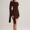 Luzia Knit Scarf-Detail Off-Shoulder Mini Dress in Chocolate Brown