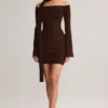 Luzia Knit Scarf-Detail Off-Shoulder Mini Dress in Chocolate Brown