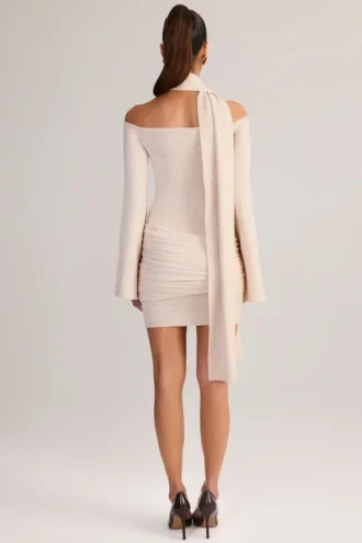 Luzia Knit Scarf-Detail Off-Shoulder Mini Dress in Cream