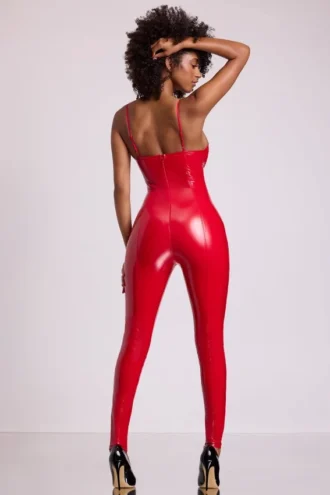 Lynx Vinyl Plunge Neck Catsuit in Fire Red