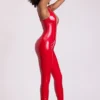 Lynx Vinyl Plunge Neck Catsuit in Fire Red