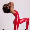 Lynx Vinyl Plunge Neck Catsuit in Fire Red