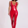 Lynx Vinyl Plunge Neck Catsuit in Fire Red