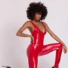 Lynx Vinyl Plunge Neck Catsuit in Fire Red