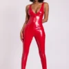 Lynx Vinyl Plunge Neck Catsuit in Fire Red