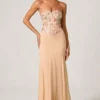 Lysana Embellished Corset Fishtail Gown in Floral Beige