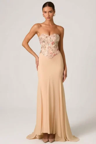 Lysana Embellished Corset Fishtail Gown in Floral Beige