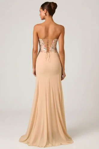 Lysana Embellished Corset Fishtail Gown in Floral Beige