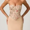 Lysana Embellished Corset Fishtail Gown in Floral Beige