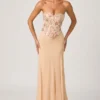 Lysana Embellished Corset Fishtail Gown in Floral Beige