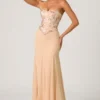 Lysana Embellished Corset Fishtail Gown in Floral Beige