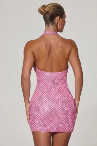Mabella Embellished Heart-Detail Cowl-Neck Mini Dress in Pink