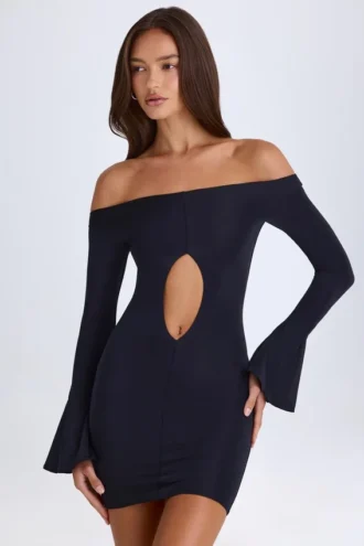 Madelina Off-Shoulder Cut-Out Mini Dress in Black