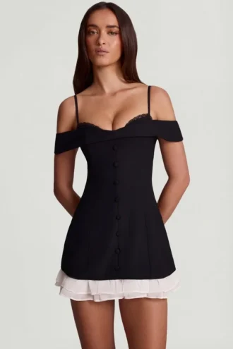 Maelie Off-Shoulder Ruffle A-Line Mini Dress in Black
