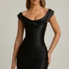 Maeve Satin Off-Shoulder Draped Mini Dress in Black