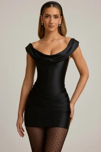 Maeve Satin Off-Shoulder Draped Mini Dress in Black