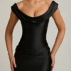 Maeve Satin Off-Shoulder Draped Mini Dress in Black