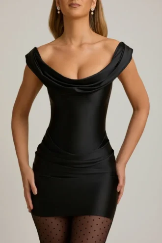 Maeve Satin Off-Shoulder Draped Mini Dress in Black