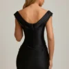 Maeve Satin Off-Shoulder Draped Mini Dress in Black