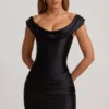 Maeve Satin Off-Shoulder Draped Mini Dress in Black